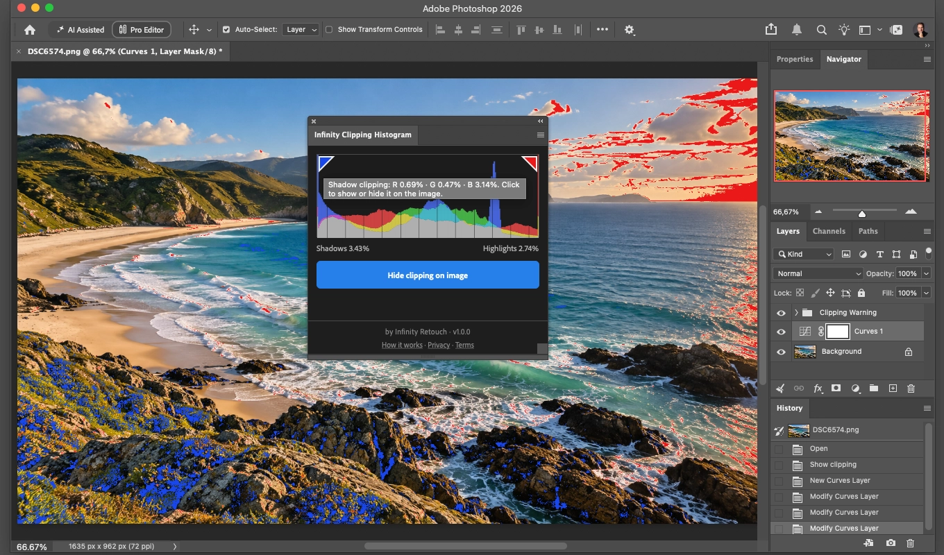 A seaside landscape in Photoshop with the Clipping Warning on: red in the brightest clouds and sky, blue in the dark rocks and flowers. The mouse is over the shadow triangle, whose tooltip reads R 0.69%, G 0.47%, B 3.14%.
